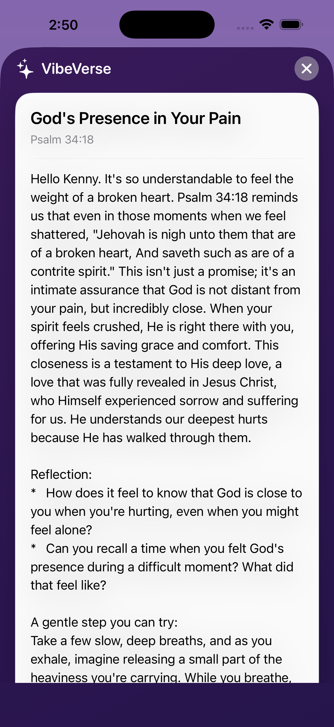 VibeVerse devotional reflection screen for Philippians 4:6-7
