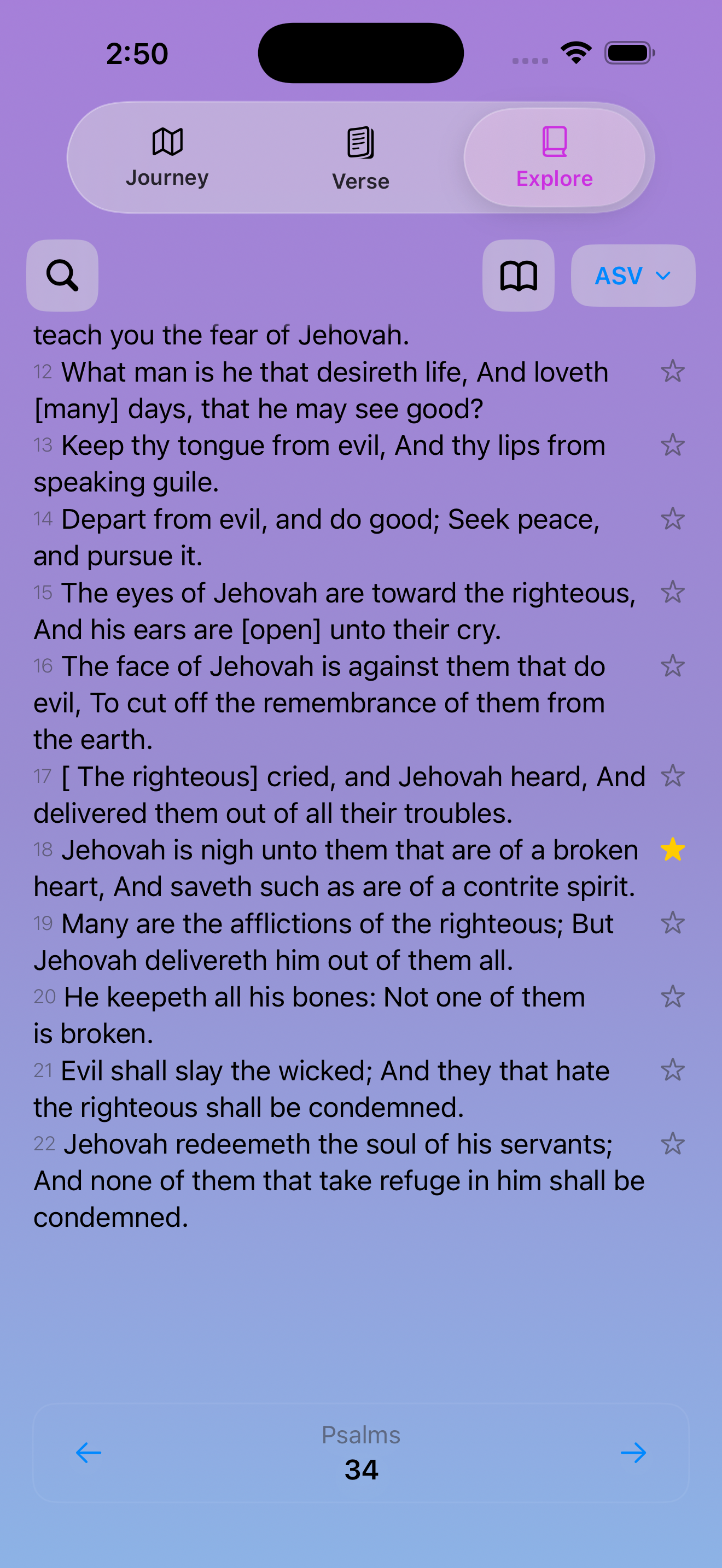 VibeVerse Explore screen showing a Bible chapter with highlighted verse and translation selector
