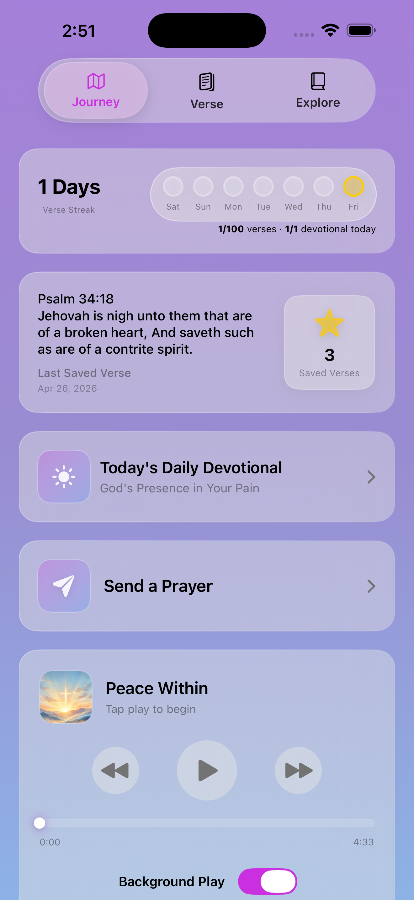 VibeVerse journey screen with streak, saved verses, devotional, and music
