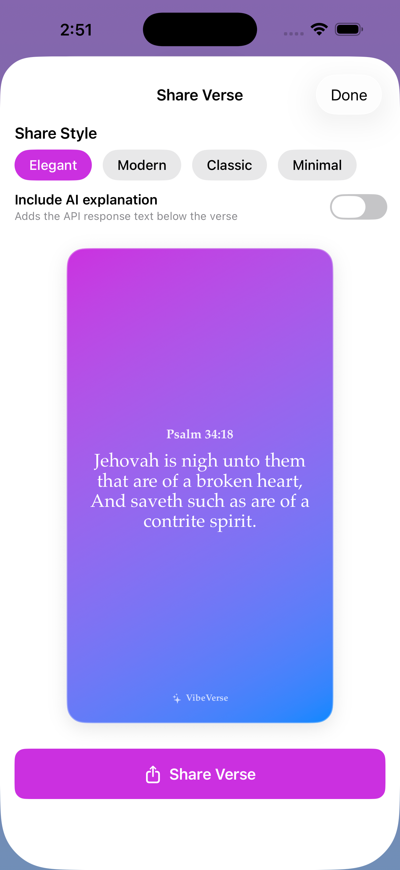 VibeVerse Share Verse screen with style options for sharing a scripture image