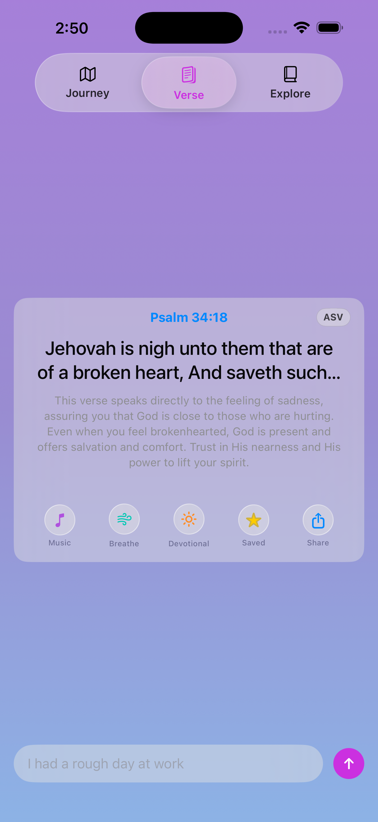 VibeVerse verse result with scripture, reflection, and action controls
